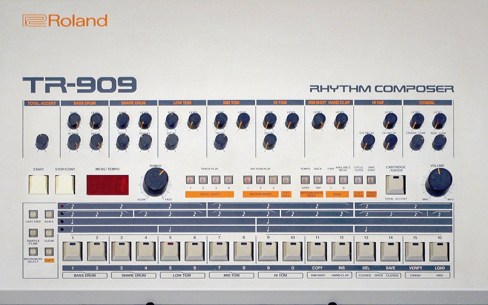 Roland TR-909 rhythm composer drum machine with knobs, buttons and step sequencer