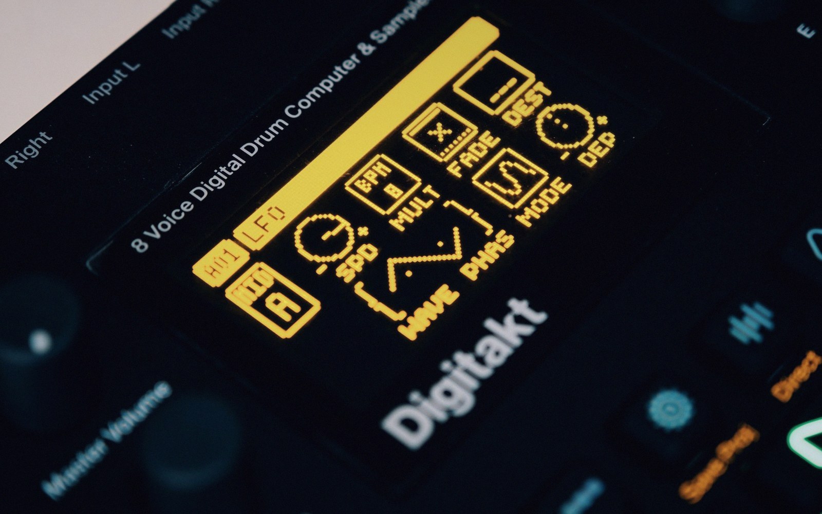 Digitakt drum machine screen showing LFO parameters in amber pixel font