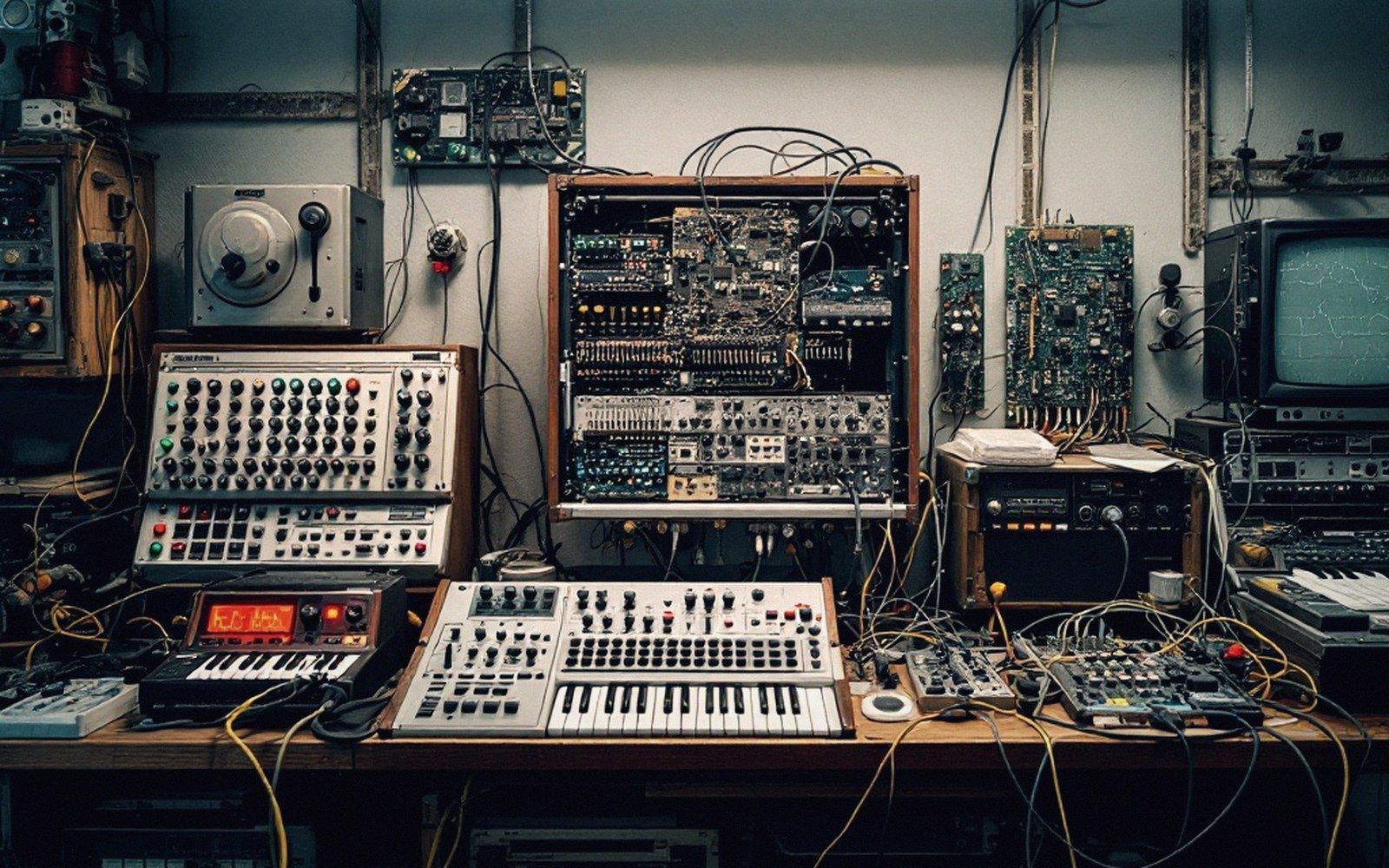 Vintage synthesizers and circuit boards wired together on a cluttered studio workbench