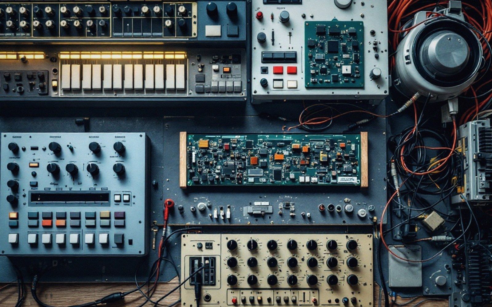 A mixing console photographed from above, faders and channel strips receding